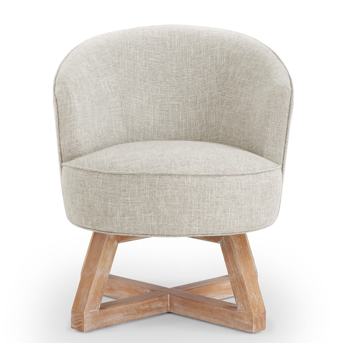 360° Swivel Accent Chair, Barrel Chair with Solid Wood Base, Linen Fabric Armchair, Light Gray