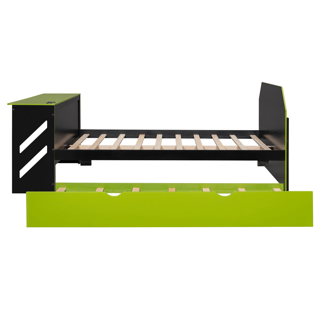 Full Size Wood Daybed with Desk & USB,Full Daybed with Twin Size Trundle for Bedroom, Green