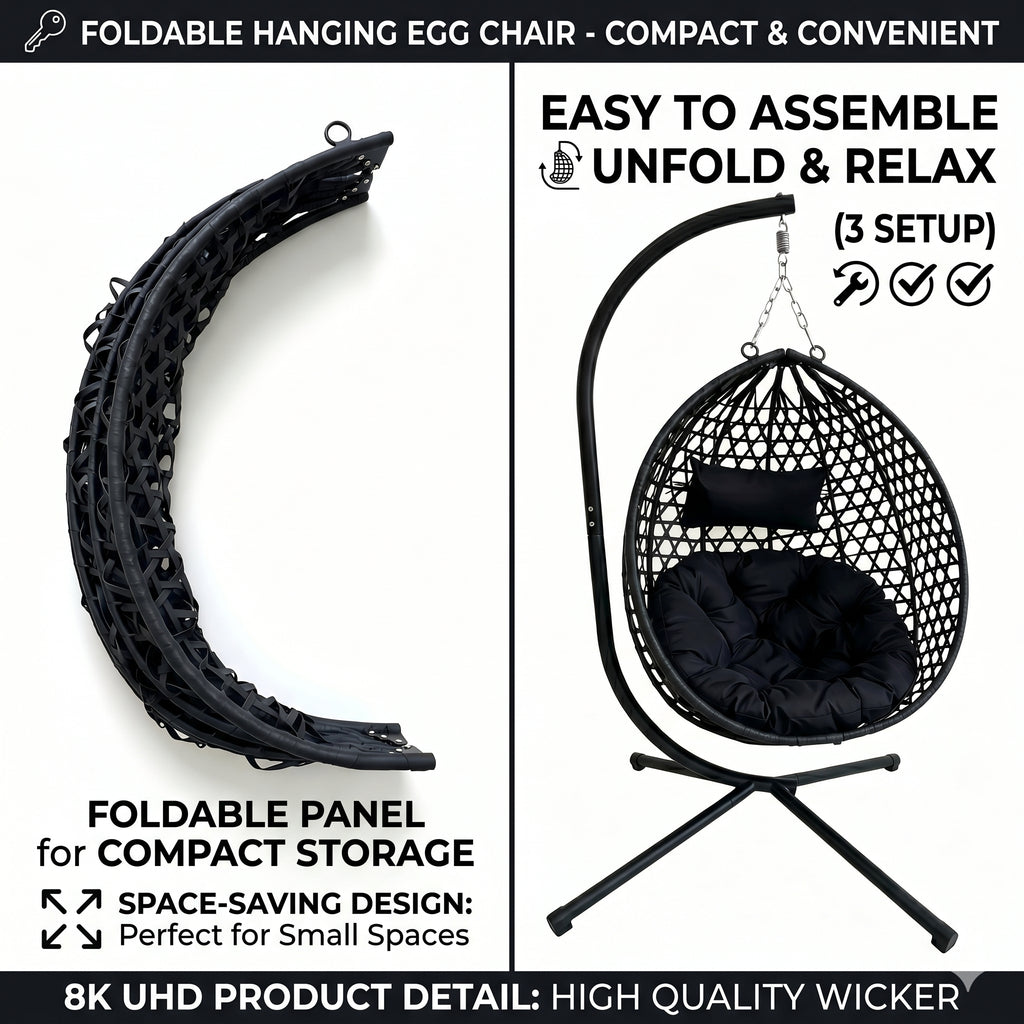 Foldable Indoor/Outdoor Wicker Swing Egg Chair, Hammock Hanging Chair Nest Basket with Stand, UV Resistant Cushions, 350LB Capacity for Bedroom, Balcony, Garden & Poolside, Grey