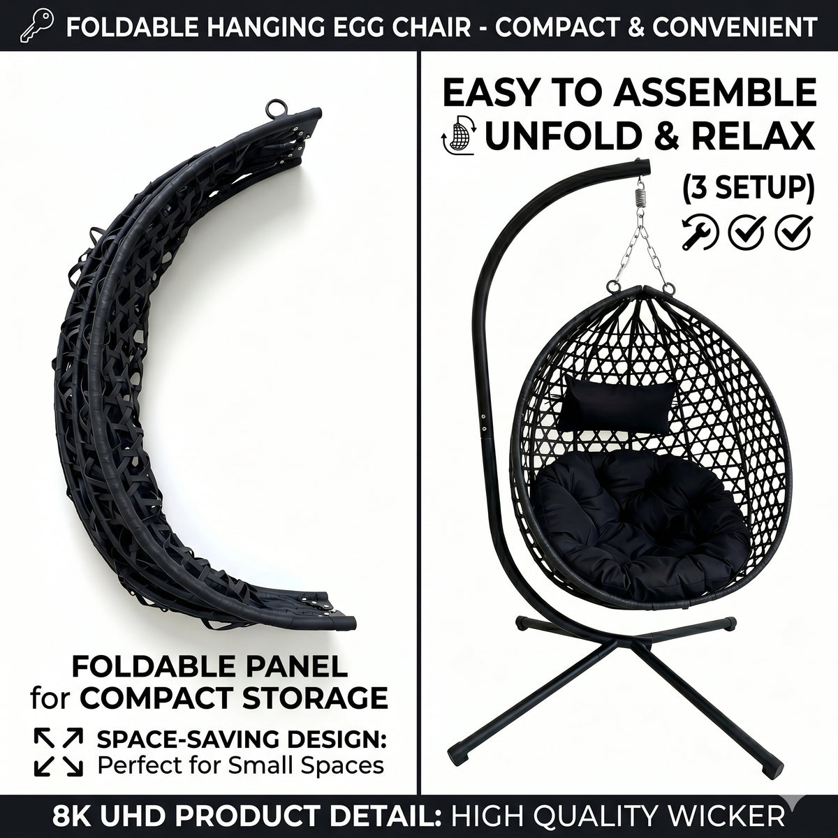 Foldable Indoor/Outdoor Wicker Swing Egg Chair, Hammock Hanging Chair Nest Basket with Stand, UV Resistant Cushions, 350LB Capacity for Bedroom, Balcony, Garden & Poolside, Grey