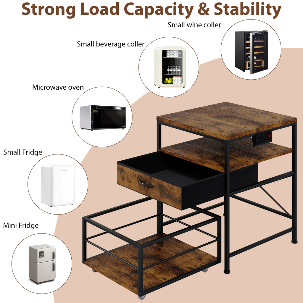 Mini Fridge Stand with Drawer Storage and Power Outlet, Heavy Duty Mobile Mini Fridge Shelf with Wheels, Beverage Refrigerator Table Stand,Brown