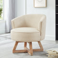 360° Swivel Accent Chair, Barrel Chair with Solid Wood Base, Linen Fabric Armchair, Beige