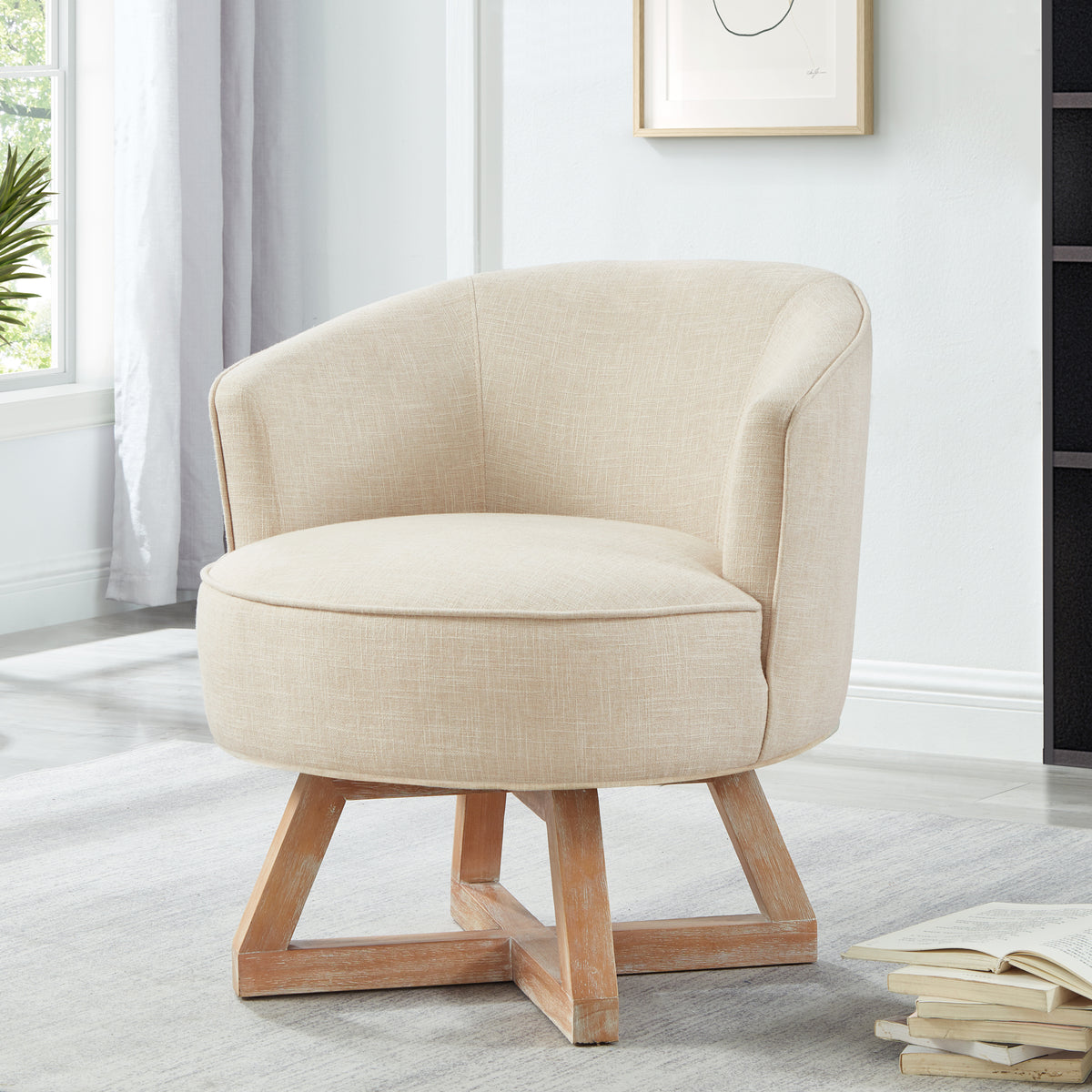 360° Swivel Accent Chair, Barrel Chair with Solid Wood Base, Linen Fabric Armchair, Beige