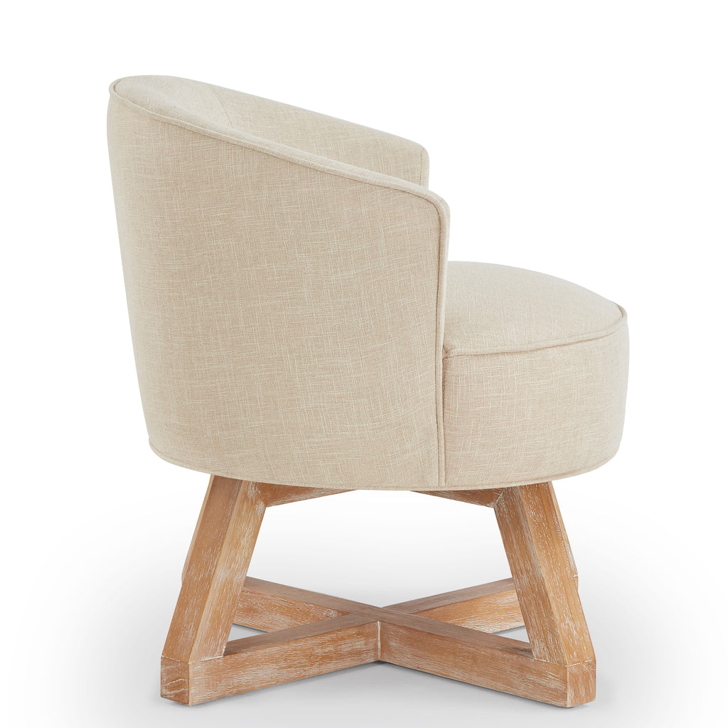 360° Swivel Accent Chair, Barrel Chair with Solid Wood Base, Linen Fabric Armchair, Beige
