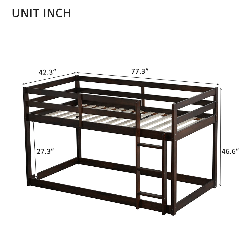 Twin Size Bunk Bed Frame, Wooden Bed Frame with Ladder, Bunk Bed with Guardrail for Bedroom, Espresso