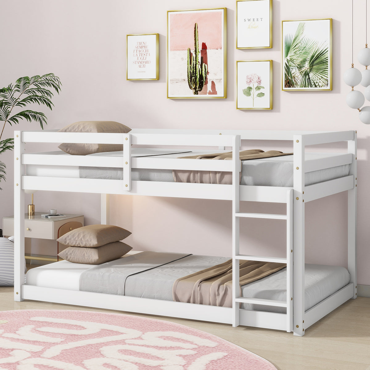 Twin Size Bunk Bed Frame, Wooden Bed Frame with Ladder, Bunk Bed with Guardrail for Bedroom, White