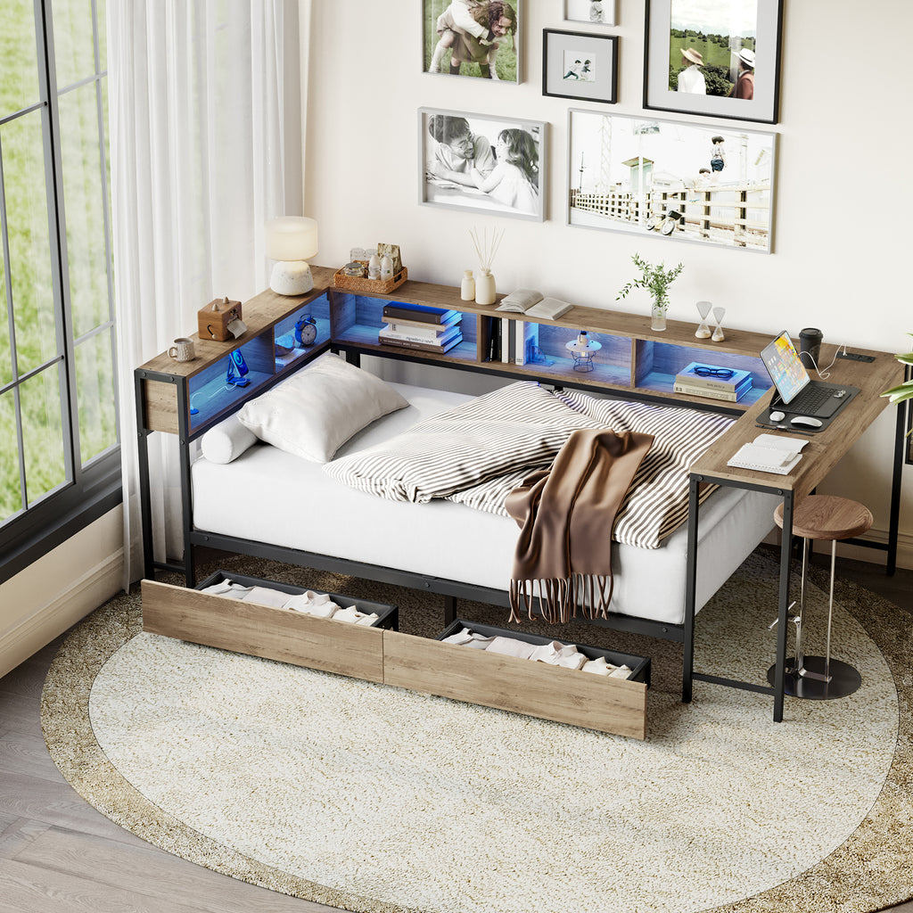 Full Size Corner Bed Frame with Bookcase & 2 Underbed Storage Drawers, Modern Bed with LED Light and Charging Station, Left and Right Interchangeable, Grey
