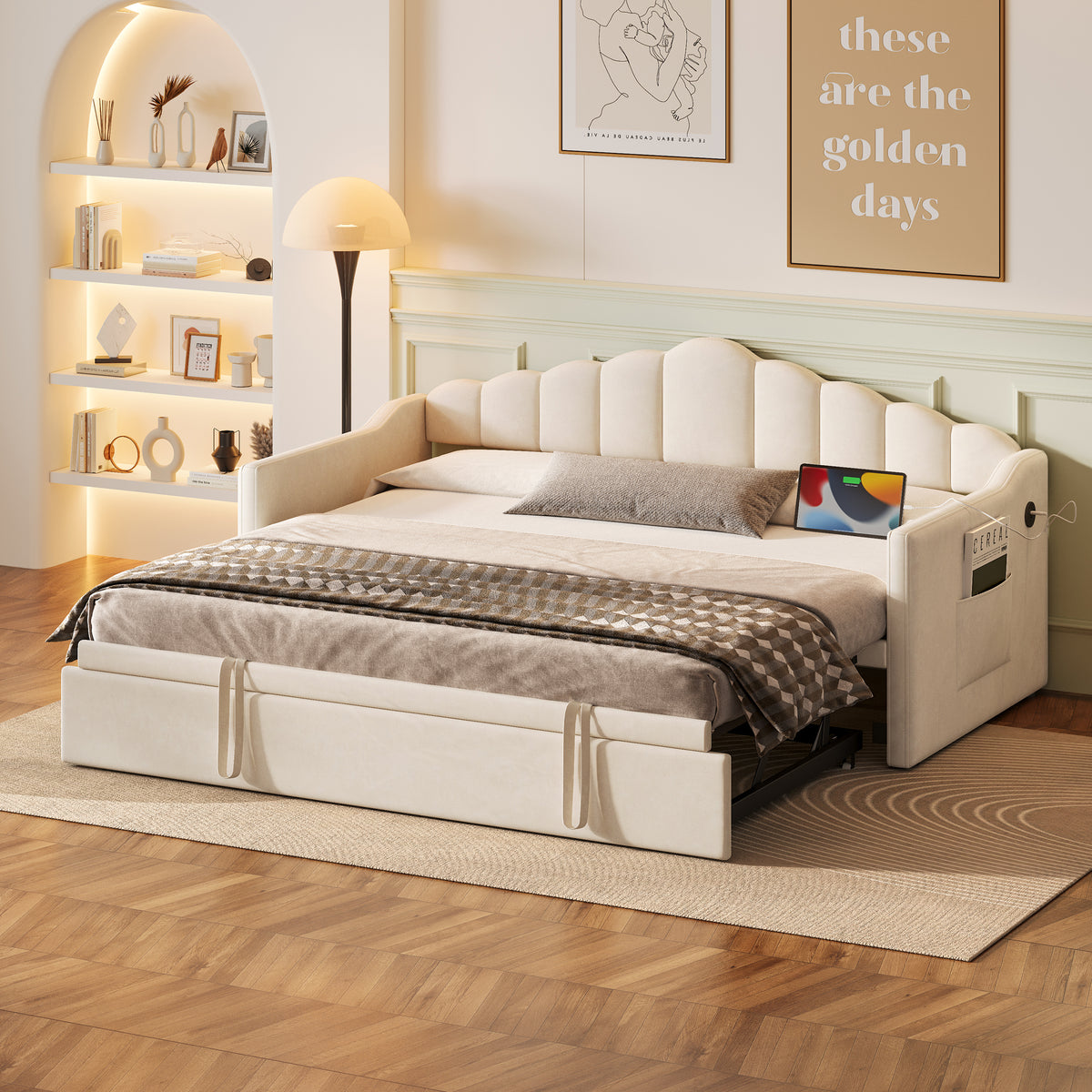 Upholstered Twin Size Daybed Bed with Charging Station & 2 Side Pockets,Velvet Daybed Frame with Adjustable Height Pop Up Trundle for Guest Room, Home Office,Beige