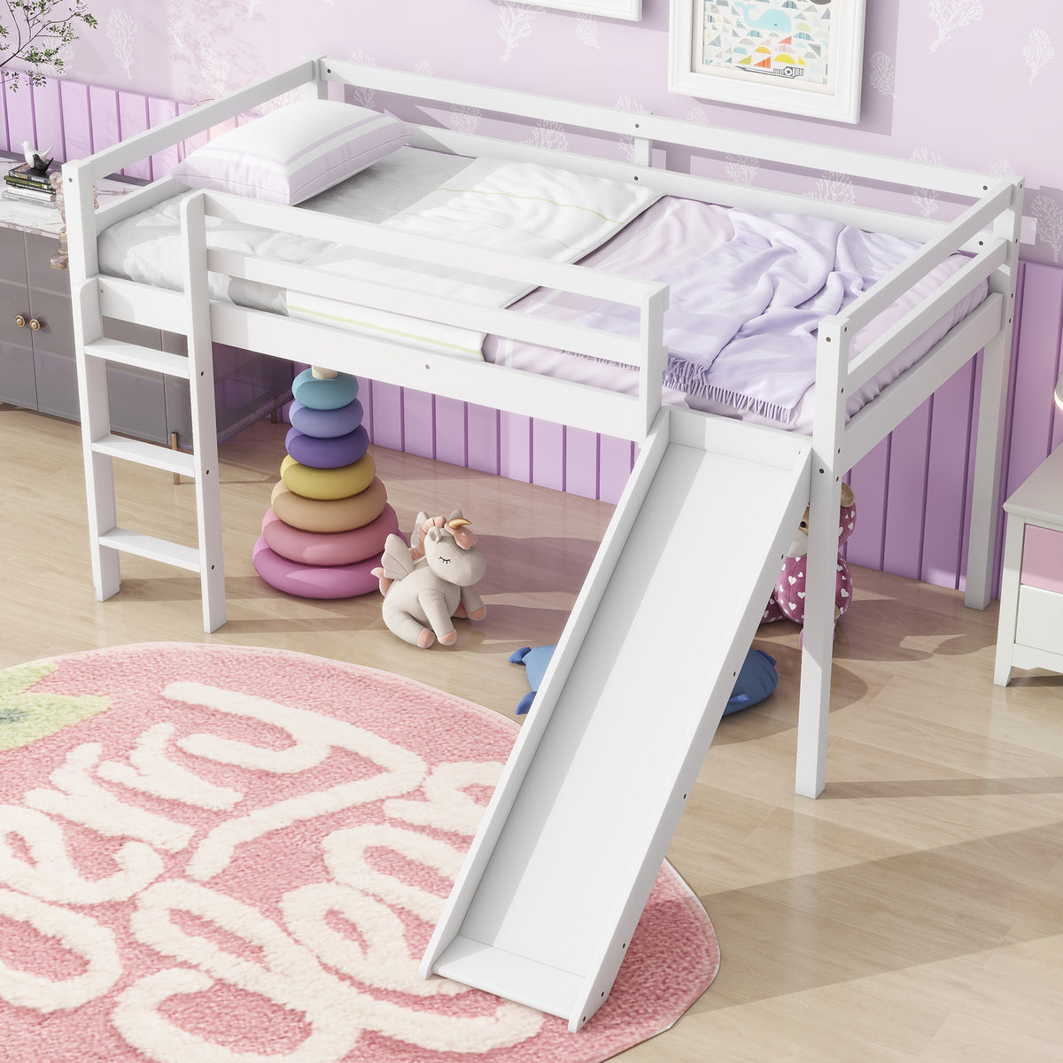 Twin Loft Bed with Slide, Solid Wood Elevated Bed Frame, Space Saving Loft Bed for Small Space Bedroom, White