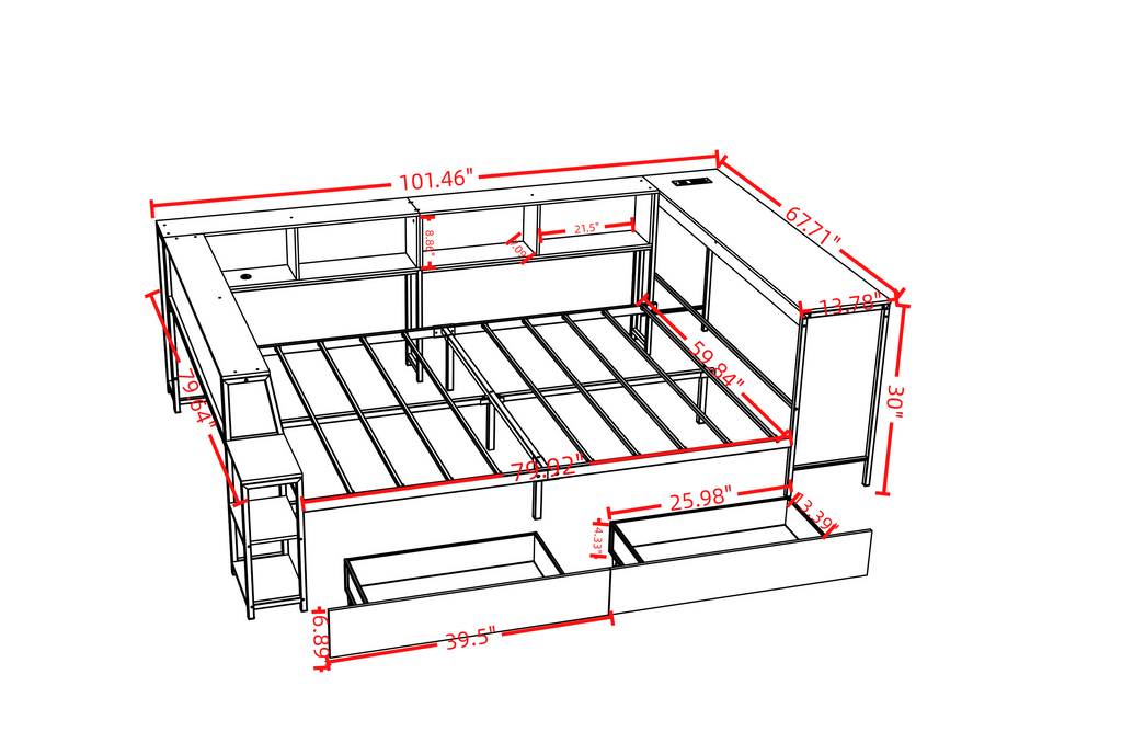 Queen Size Corner Bed Frame with Bookcase & 2 Underbed Storage Drawers, Modern Bed with LED Light and Charging Station, Left and Right Interchangeable, Black