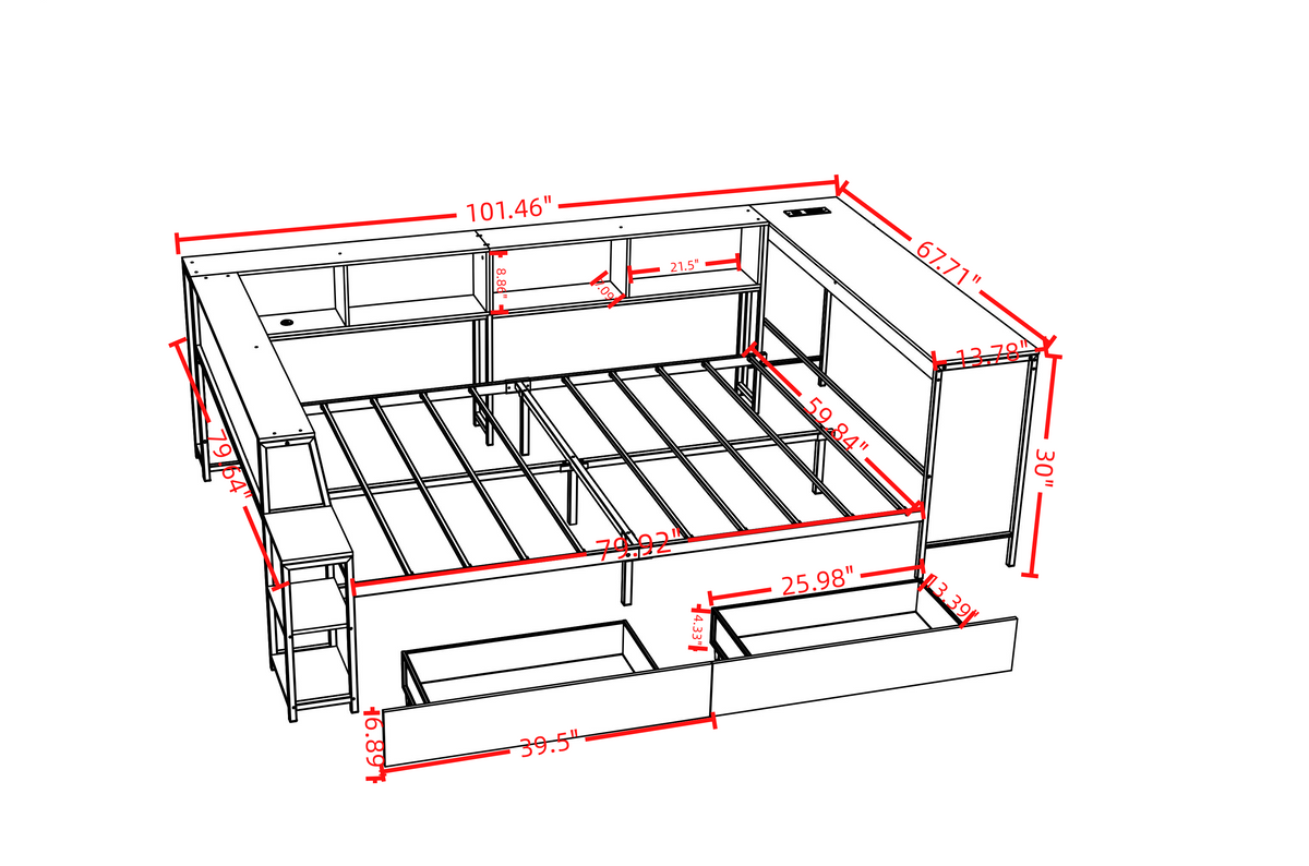 Queen Size Corner Bed Frame with Bookcase & 2 Underbed Storage Drawers, Modern Bed with LED Light and Charging Station, Left and Right Interchangeable, Black