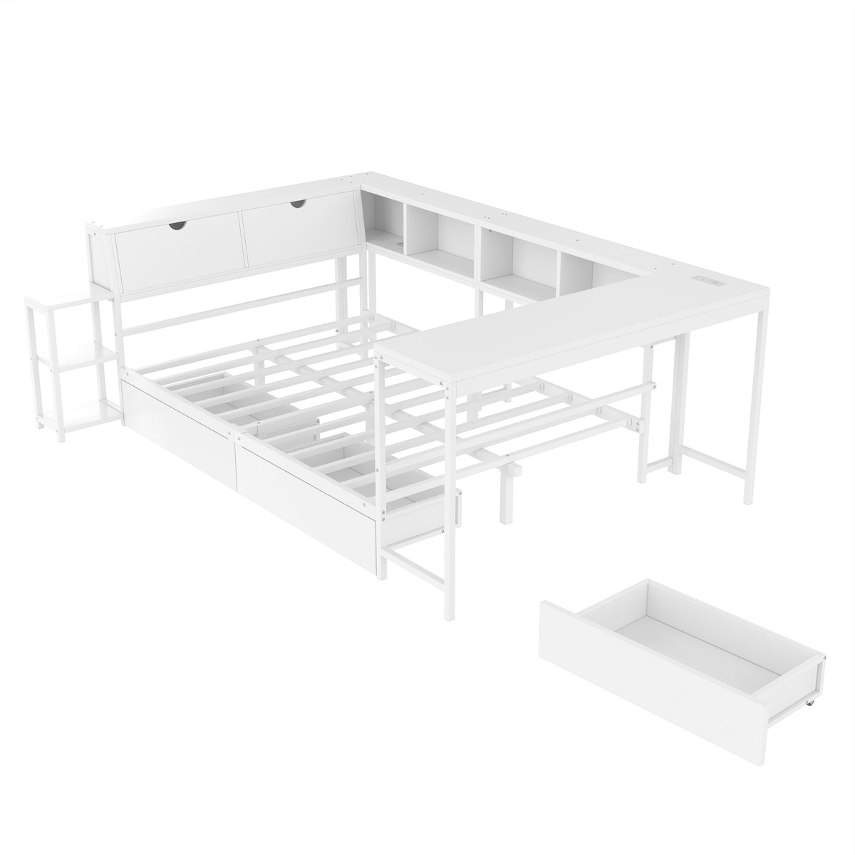 Twin Size Corner Bed Frame with Bookcase & 2 Underbed Storage Drawers, Modern Bed with LED Light and Charging Station, Left and Right Interchangeable, White