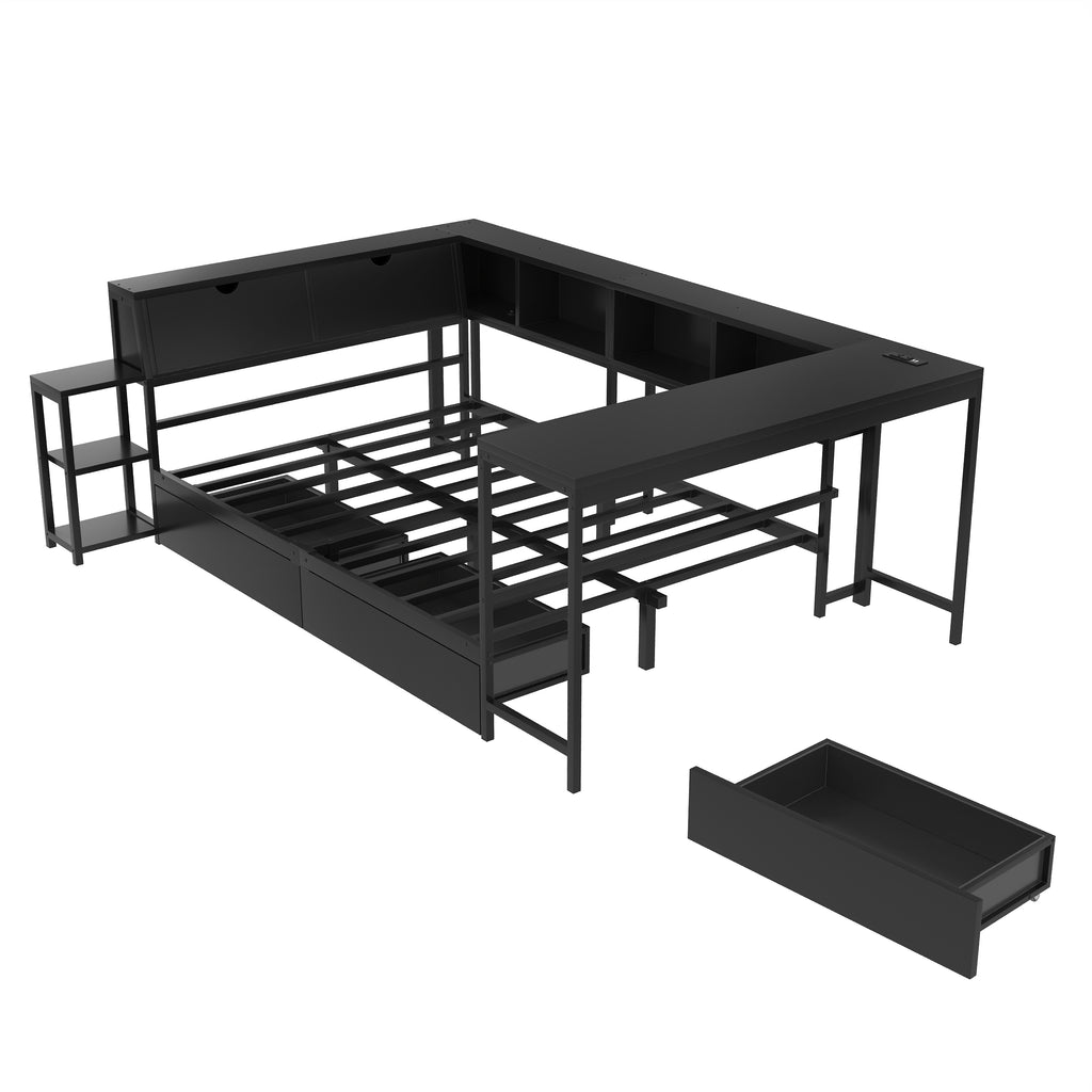 Queen Size Corner Bed Frame with Bookcase & 2 Underbed Storage Drawers, Modern Bed with LED Light and Charging Station, Left and Right Interchangeable, Black