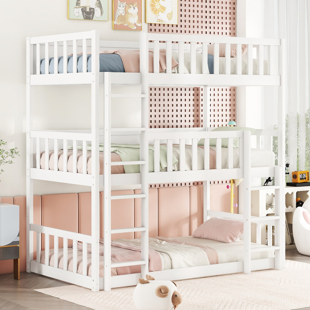 Triple Bunk Bed Frame, Convertible to 3 Single Beds, Solid Wood Bed with Ladders & Guardrails, White