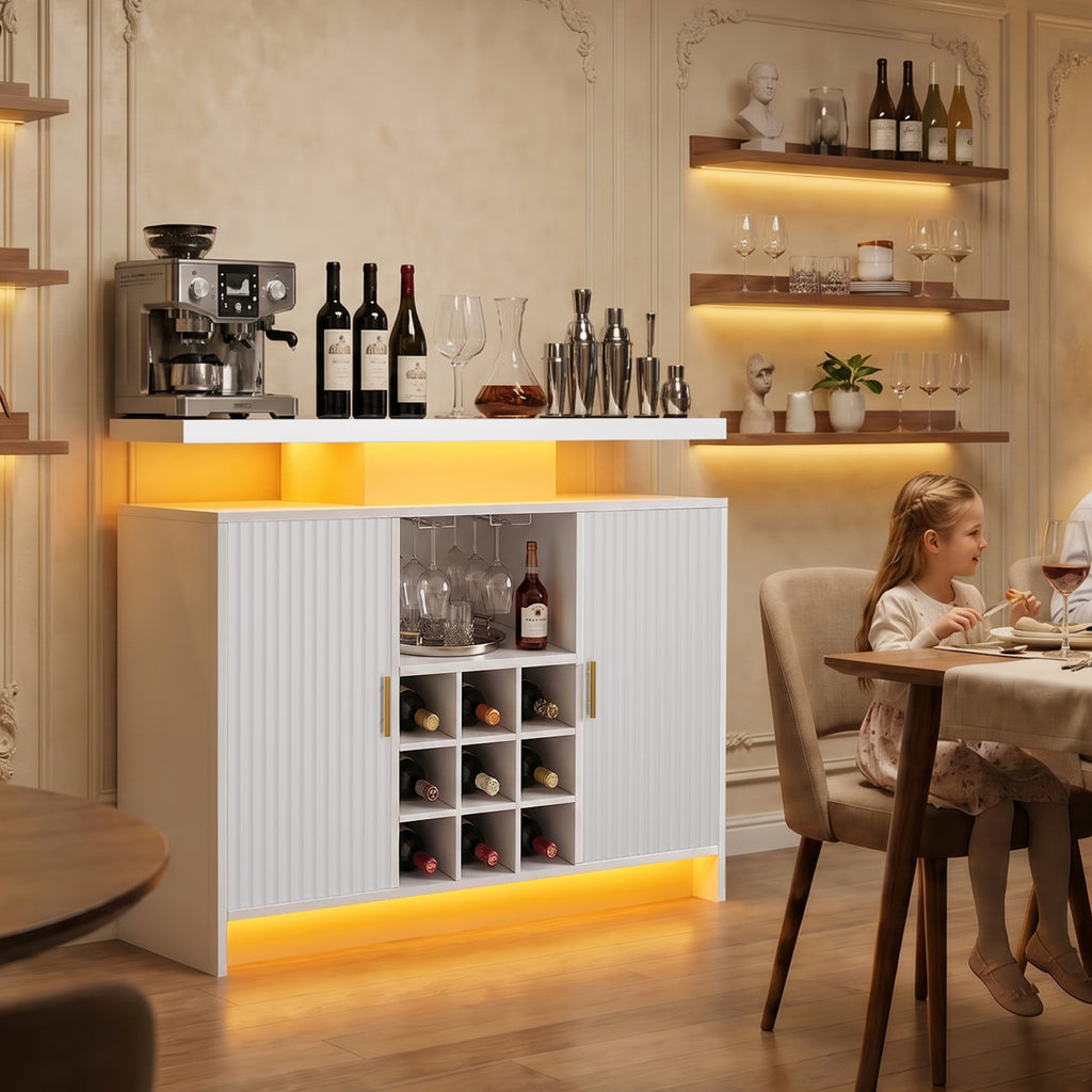 Wine Cabinet with LED & Outlets, Coffee Bar Cabinet with Storage, Removable Liquor Rack & Adjustable Shelves, Sideboard Buffet Cabinet for Home, White