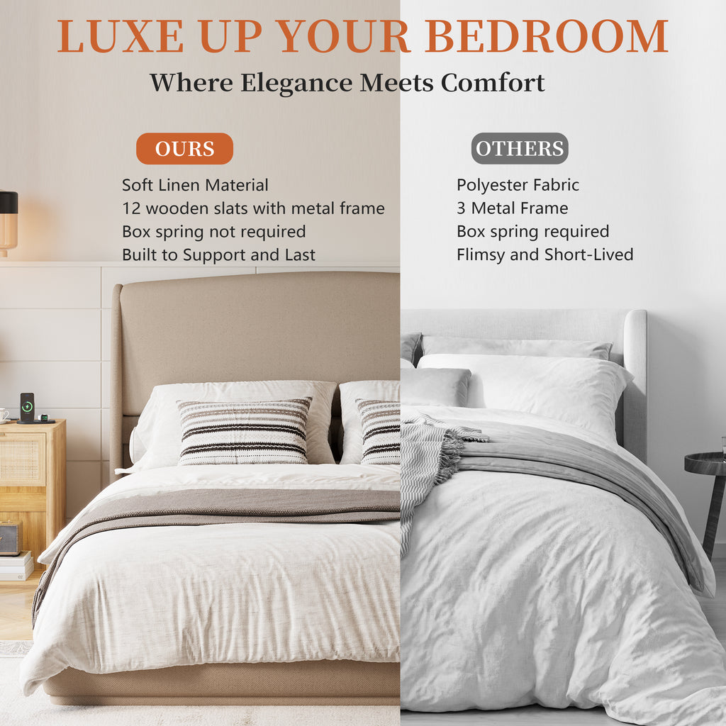 NYBOPAVIS Queen Size Upholstered Bed Frame with Wingback Headboard, Wooden Frame with Brown Linen Fabric, No Box Spring Needed, Easy Assembly