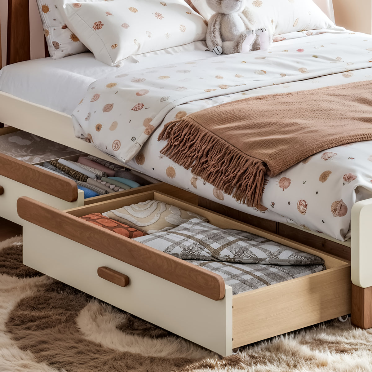 NYBOPAVIS Full Size Bed Frame, Wood Platform Bed with Storage Drawers, No Box Spring Required, Beige & Brown