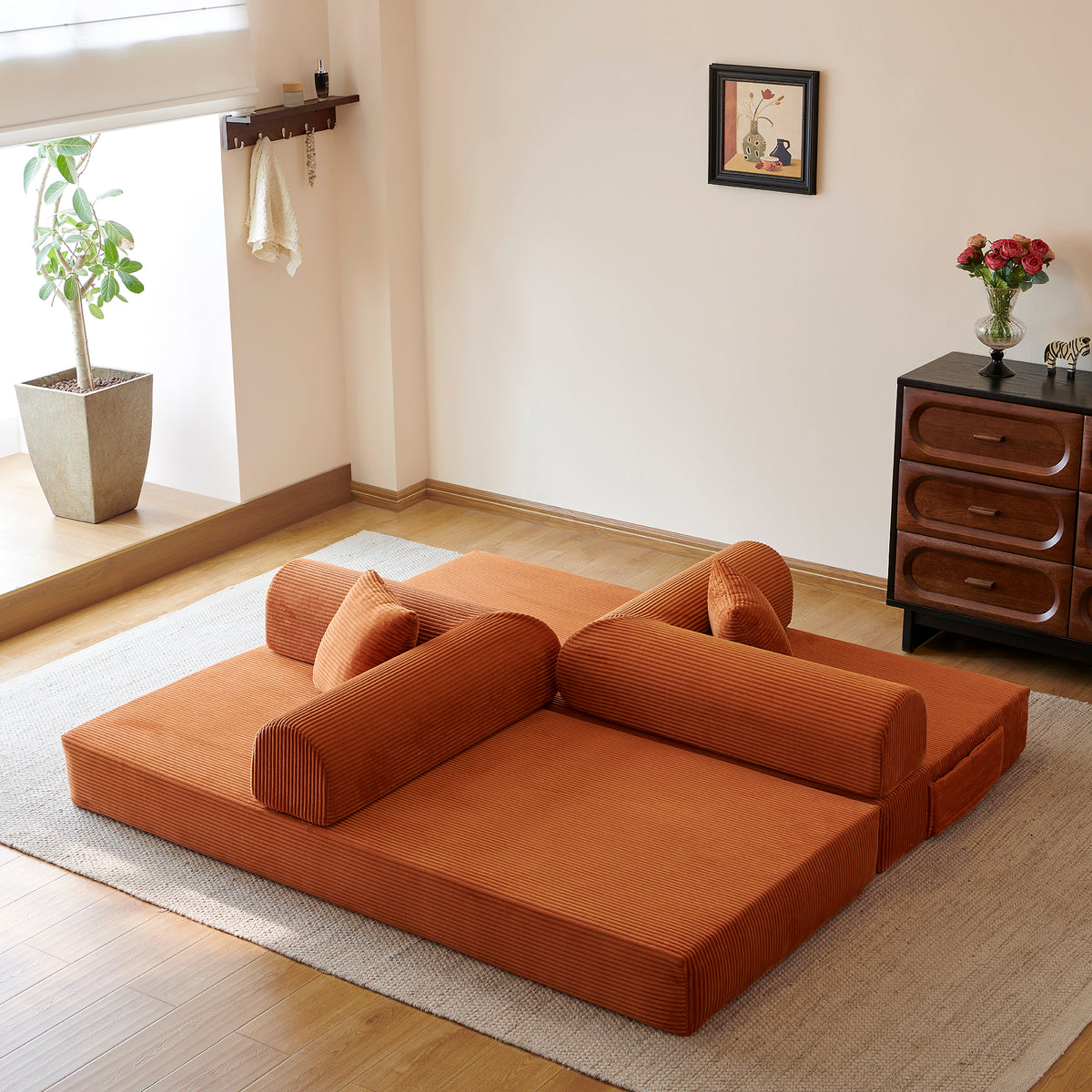 Compressed Convertible Floor Sofa Bed, Boneless Modular Sectional Futon Couch with Pillow Back & Armrest, Corduroy Fabric Loveseat for Living Room Bedroom, Tangerine