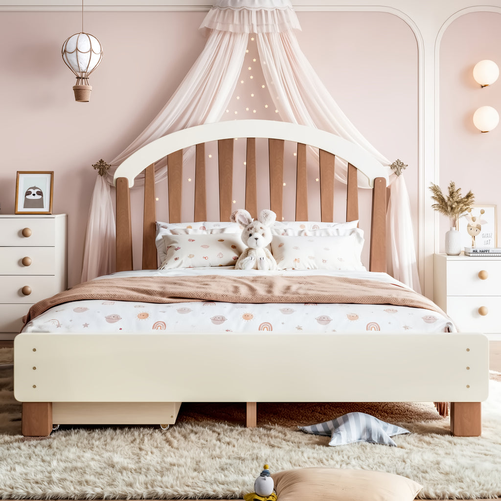 NYBOPAVIS Full Size Bed Frame, Wood Platform Bed with Storage Drawers, No Box Spring Required, Beige & Brown
