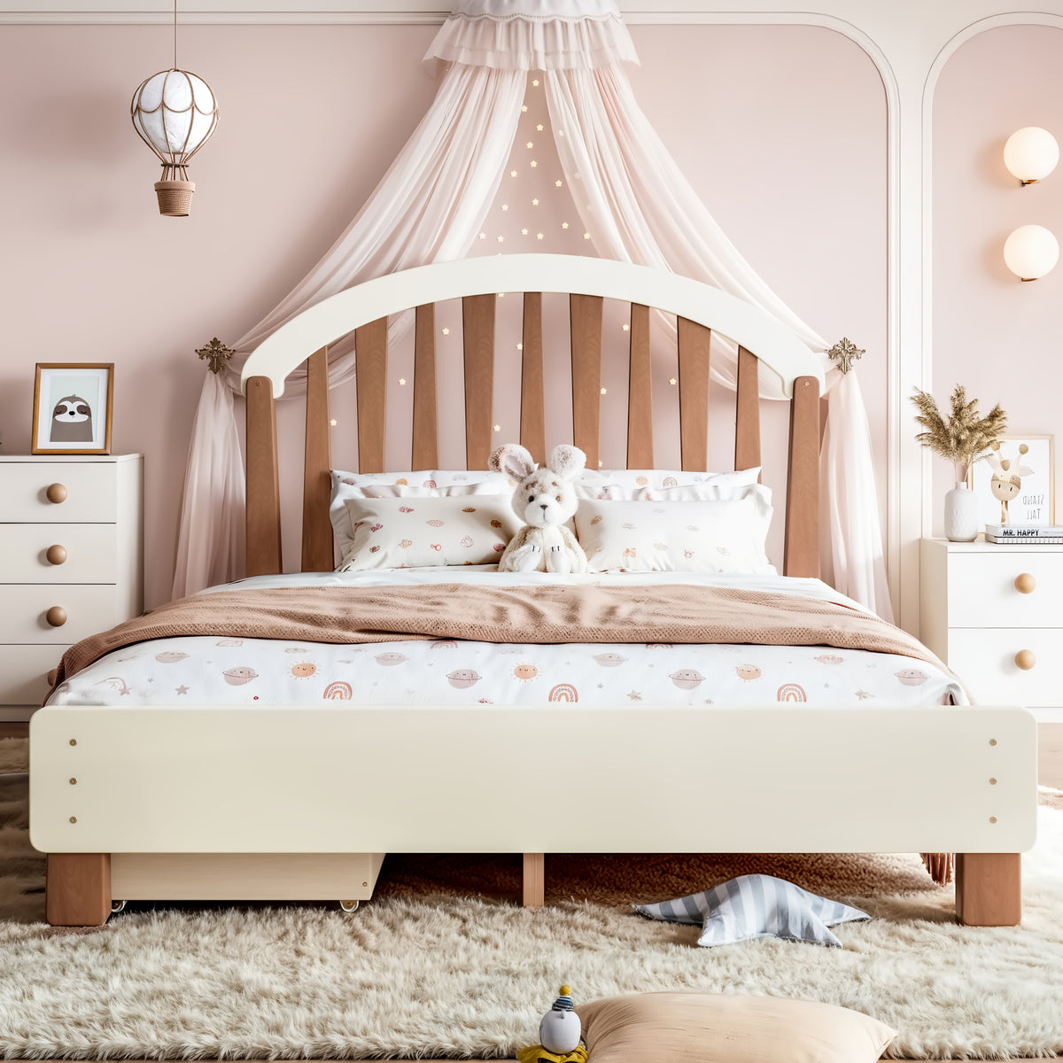 NYBOPAVIS Full Size Bed Frame, Wood Platform Bed with Storage Drawers, No Box Spring Required, Beige & Brown