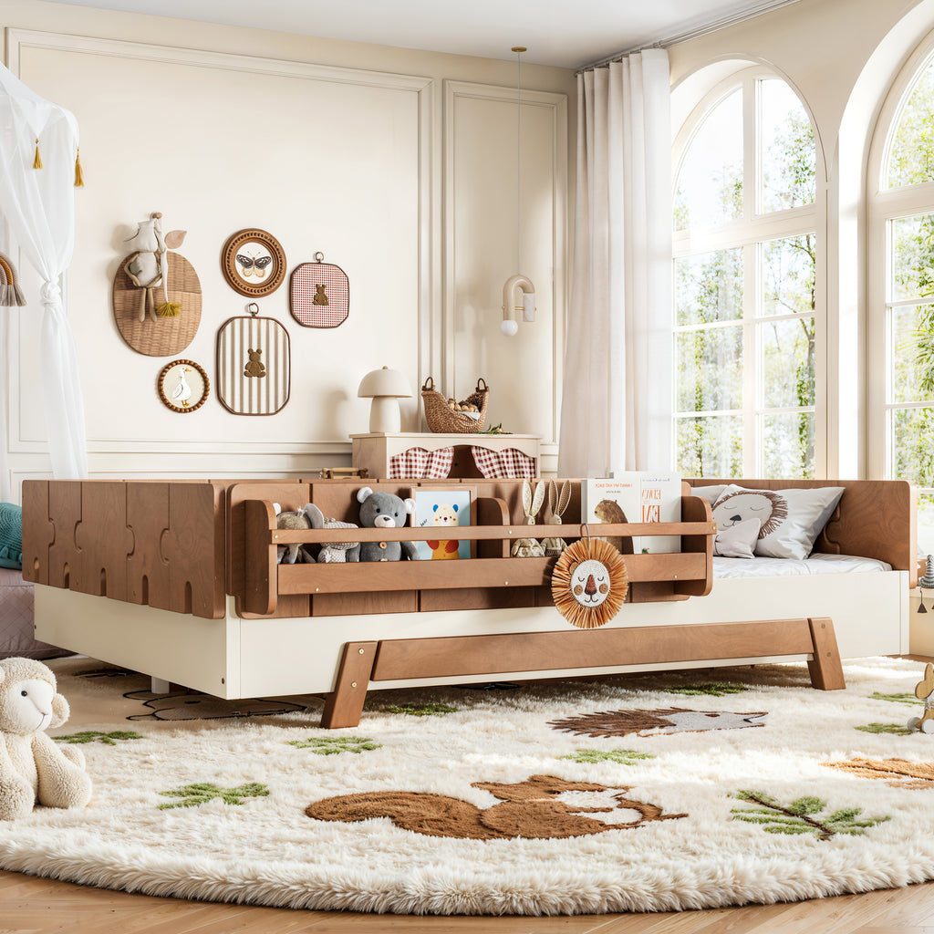NYBOPAVIS Full Size Floor Bed with Slats and Safety Guardrail, Montessori Floor Bed with Fence and Door, Easy Assemble Montessori Beds, Beige & Brown