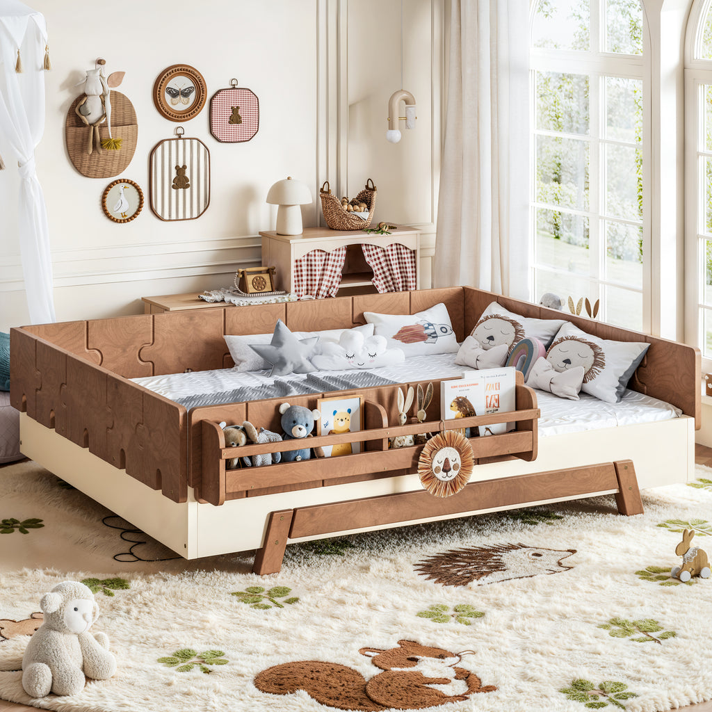 NYBOPAVIS Full Size Floor Bed with Slats and Safety Guardrail, Montessori Floor Bed with Fence and Door, Easy Assemble Montessori Beds, Beige & Brown