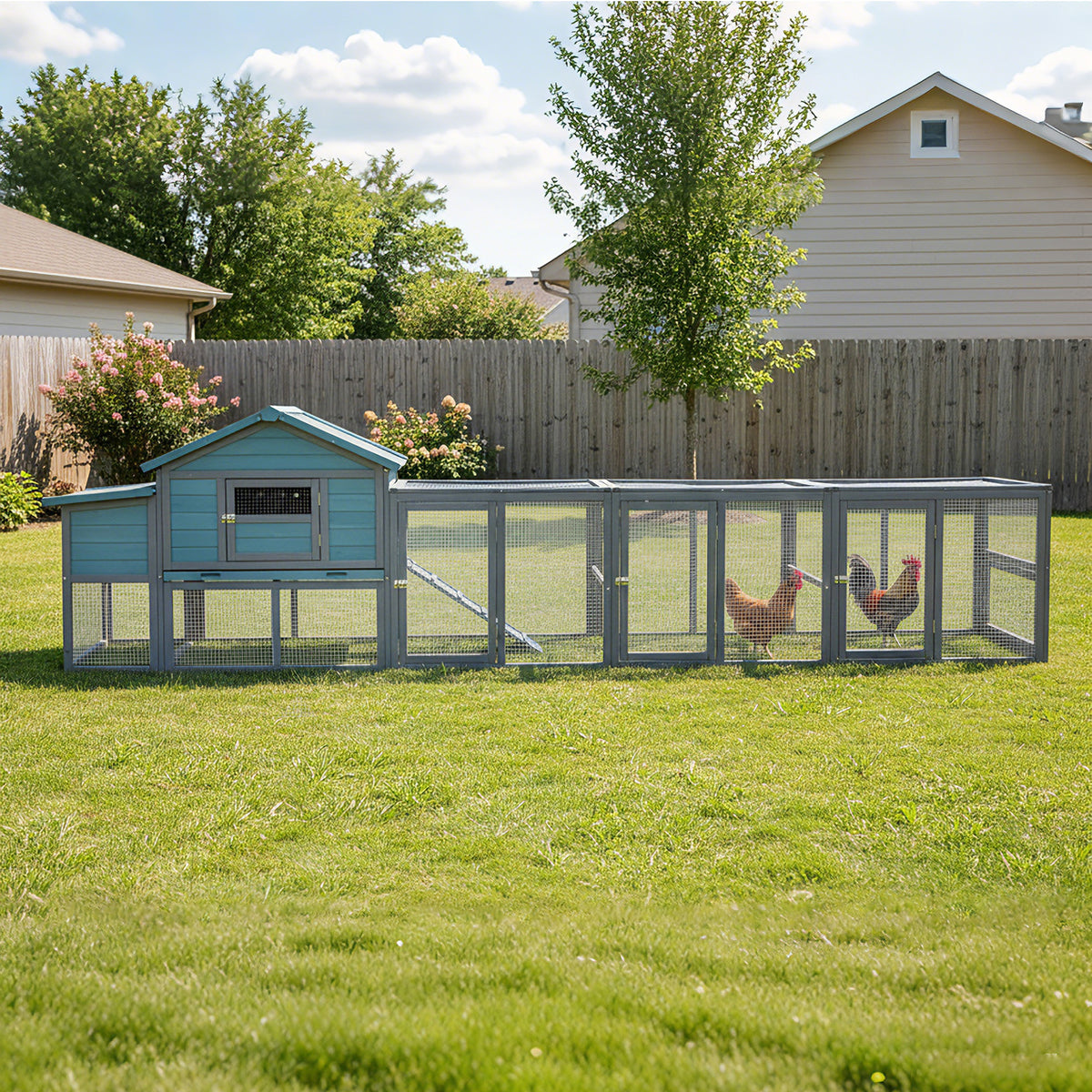 141＂Large Wooden Chicken Coop,21.2ft² Outdoor Hen House with Nesting Box,Wire Fence, Waterproof & Anti-UV Panel,Poultry Cage