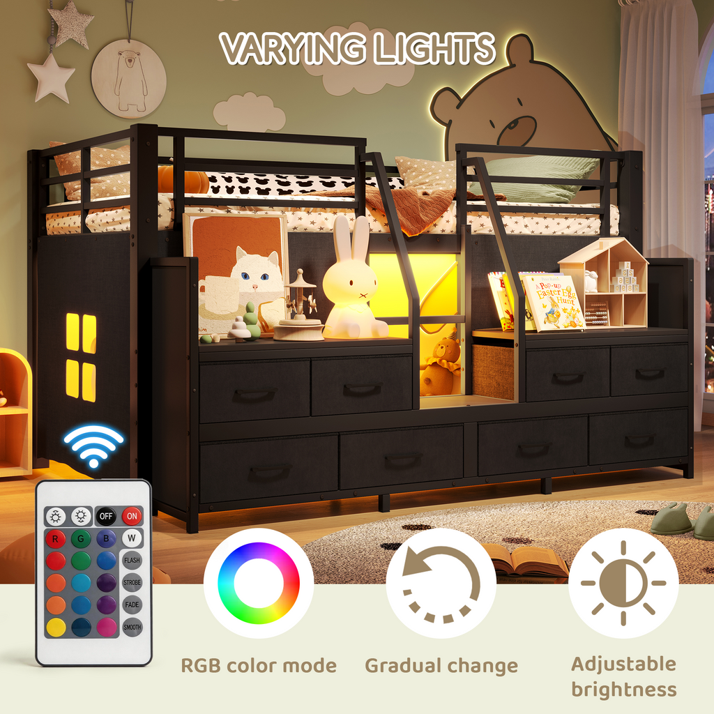 Twin Metal Loft Bed Frame with 8 Drawers & LED Light, Independent Spaces under Bed with Stairs, Black