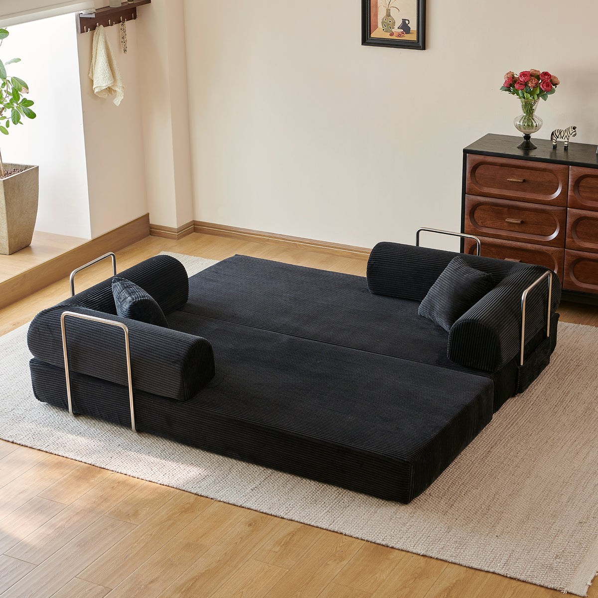 Compressed Convertible Floor Sofa Bed, Boneless Modular Sectional Futon Couch with Pillow Back & Armrest, Corduroy Fabric Loveseat for Living Room Bedroom, Black