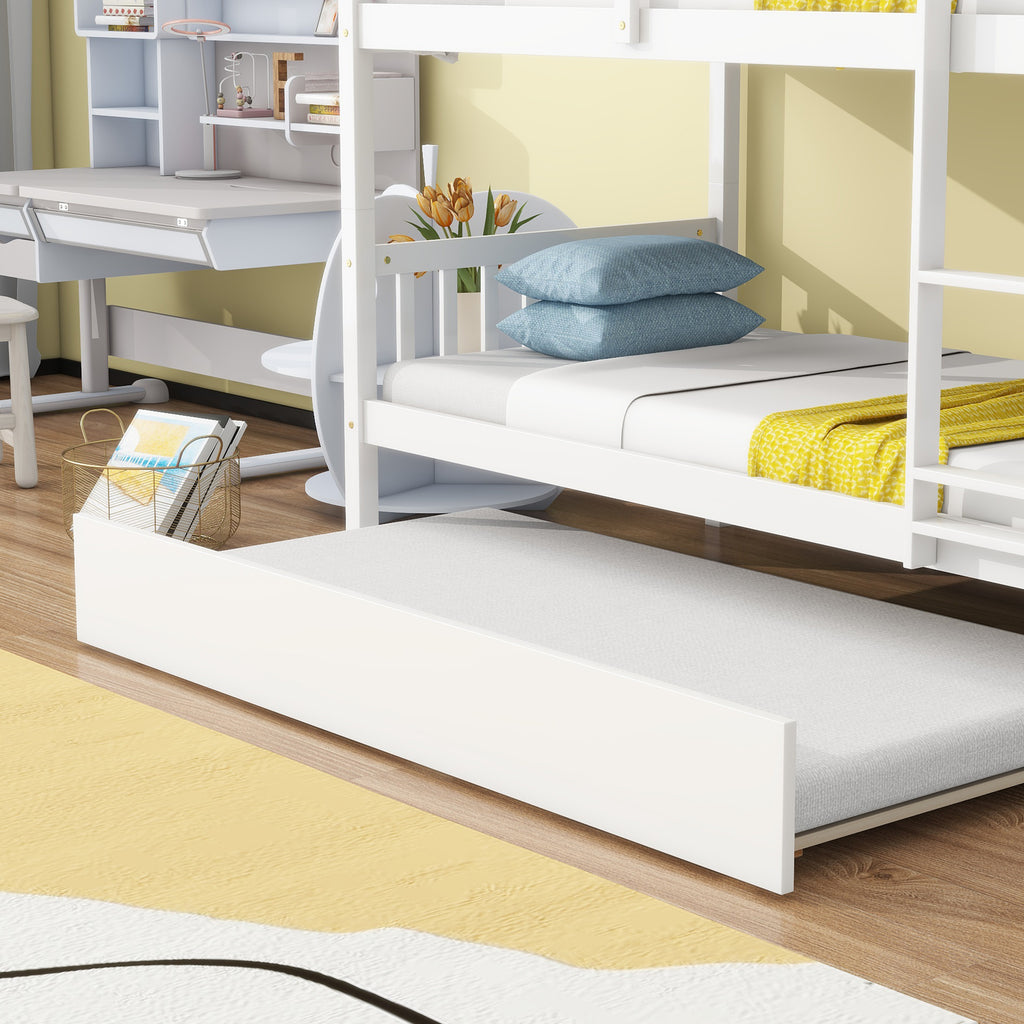 Twin Bunk Bed with Pull-Out Trundle, Convertible Bunk Bed to 2 Single Beds, Solid Wood Bed Frame with Ladder & Guardrail, White