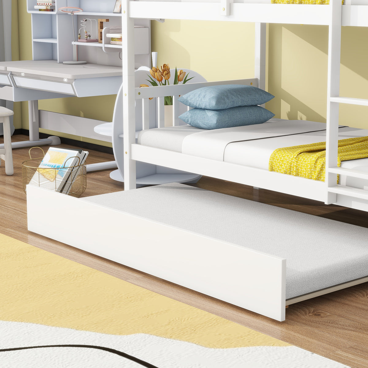 Twin Bunk Bed with Pull-Out Trundle, Convertible Bunk Bed to 2 Single Beds, Solid Wood Bed Frame with Ladder & Guardrail, White