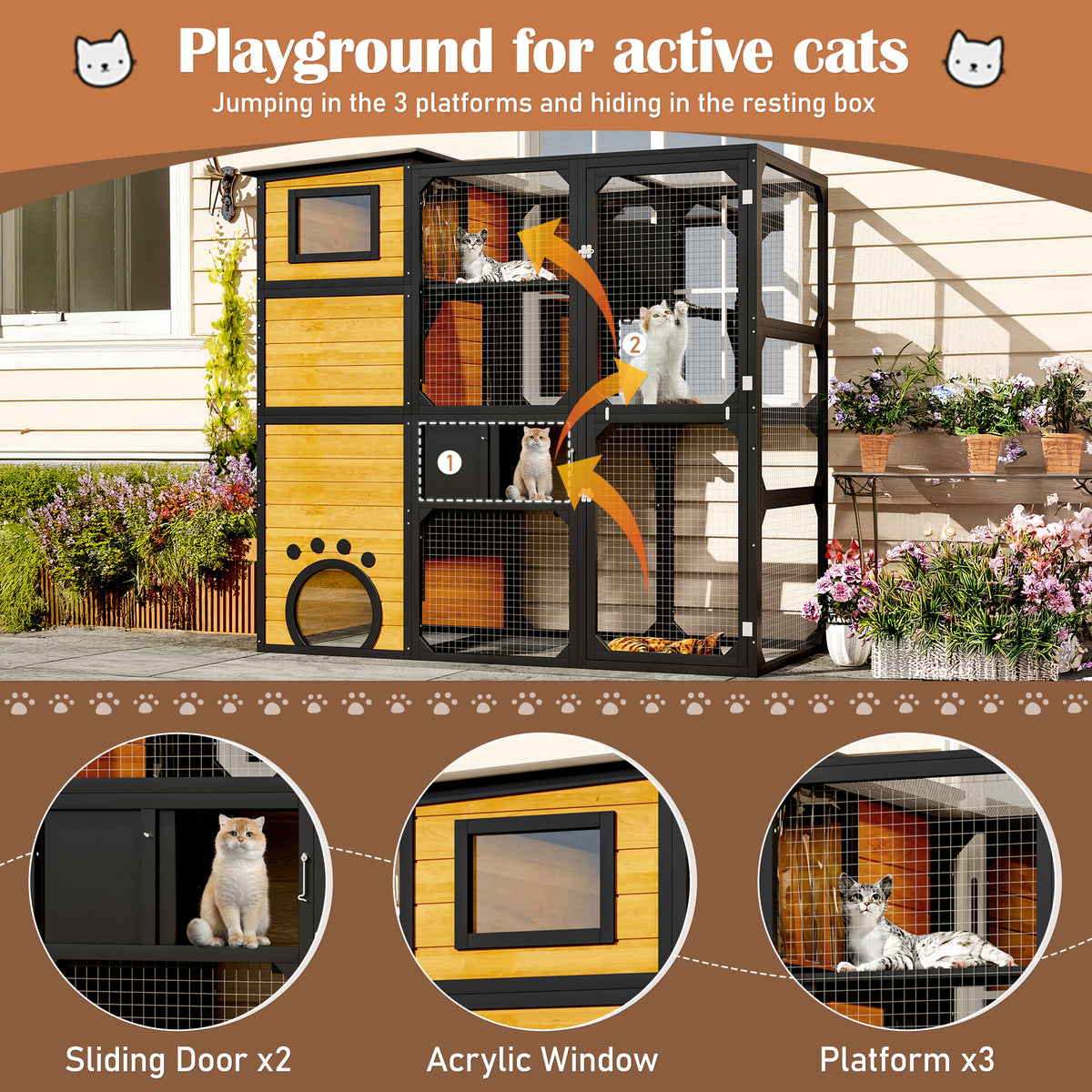 77'' Large Catio Outdoor Cat Enclosure, 4-tier Cat House Outdoor with Asphalt Roof, Wooden, Pine