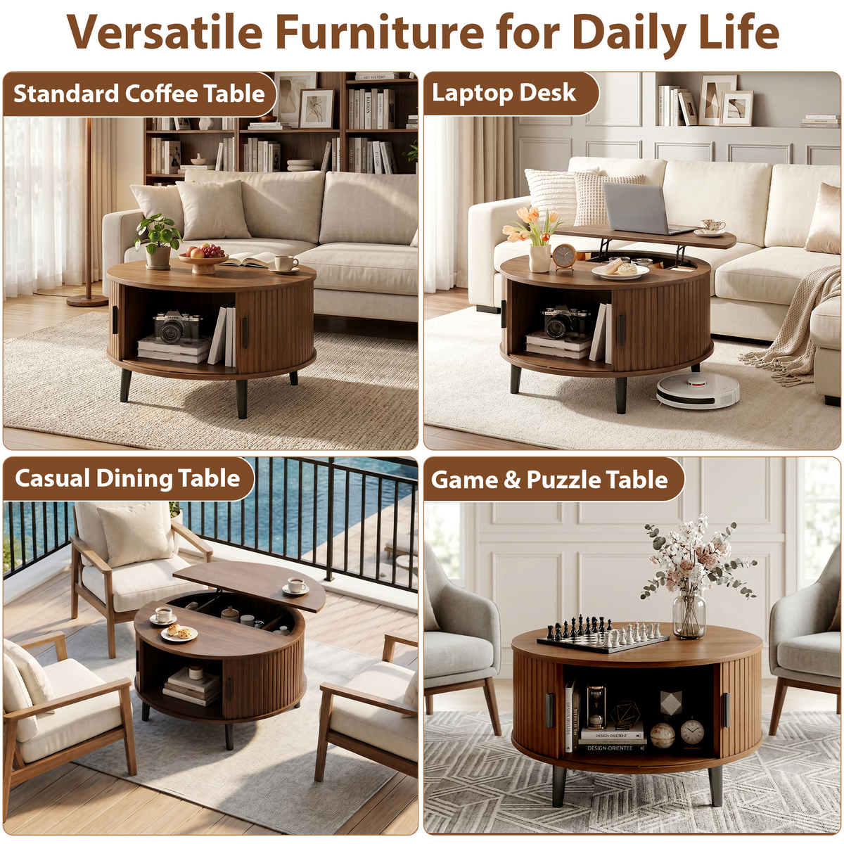 NYBOPAVIS Round Lift Top Coffee Table with Hidden Storage & Sliding Door, Mid Century Modern Wooden Center Table for Living Room, Apartment, Small Space, Walnut