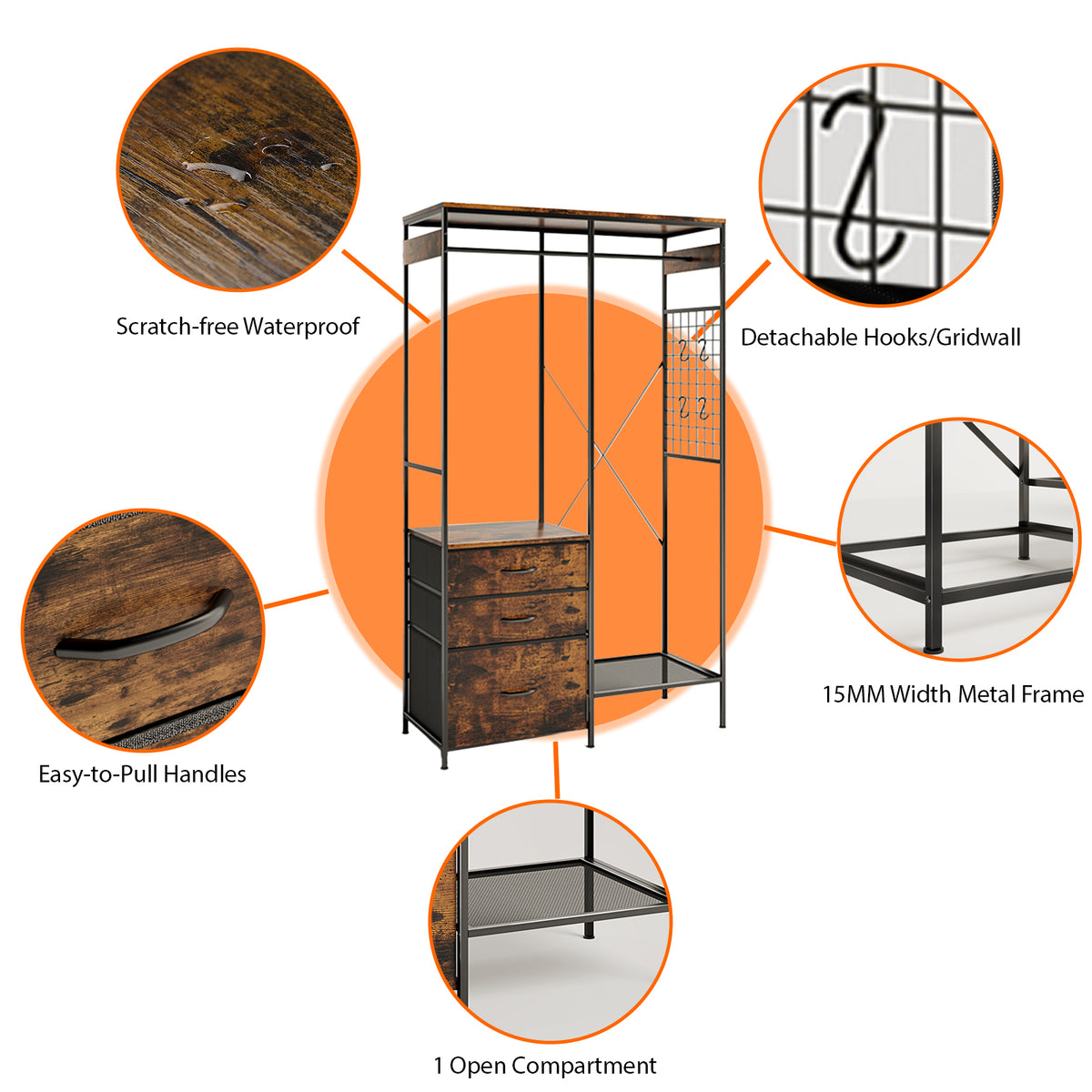 Dresser with LED Hanging Rack & 8 Drawers with LED Lights,with Shoe & Storage Shelf for Bedroom,living room,Brown