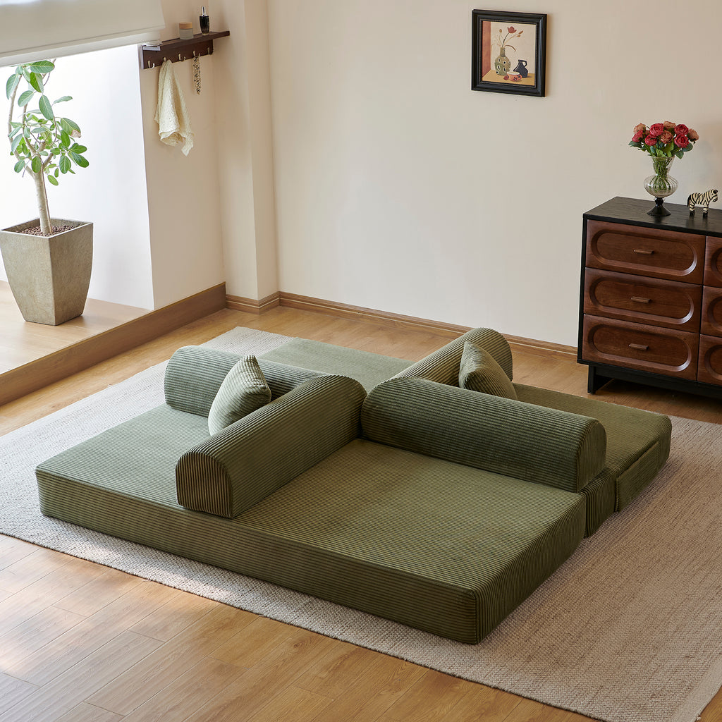 Compressed Convertible Floor Sofa Bed, Boneless Modular Sectional Futon Couch with Pillow Back & Armrest, Corduroy Fabric Loveseat for Living Room Bedroom, Green