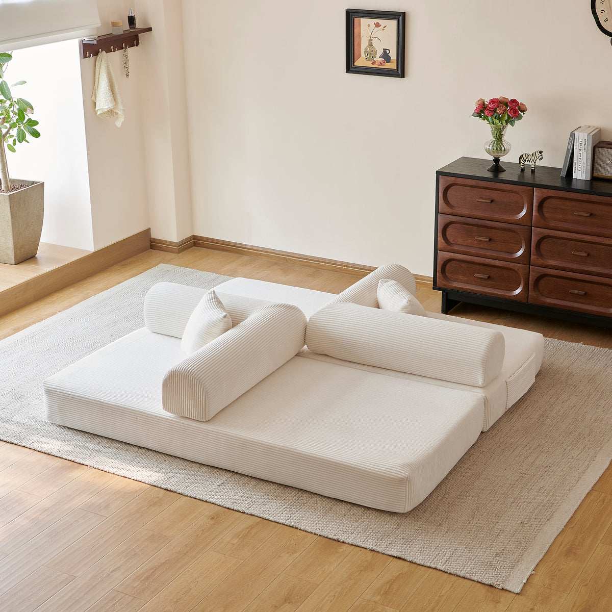 Compressed Convertible Floor Sofa Bed, Boneless Modular Sectional Futon Couch with Pillow Back & Armrest, Corduroy Fabric Loveseat for Living Room Bedroom, White