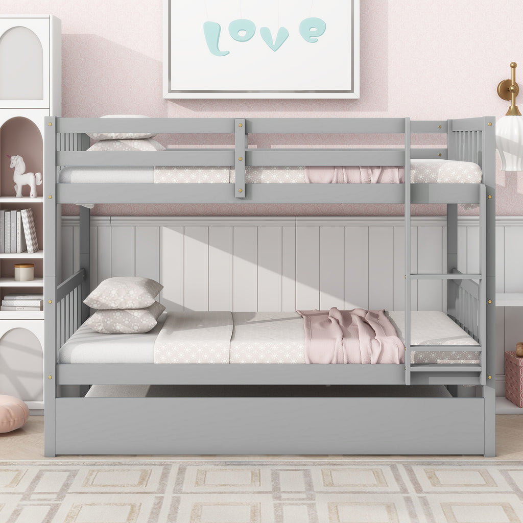 Twin Bunk Bed with Pull-Out Trundle, Convertible Bunk Bed to 2 Single Beds, Solid Wood Bed Frame with Ladder & Guardrail, Grey