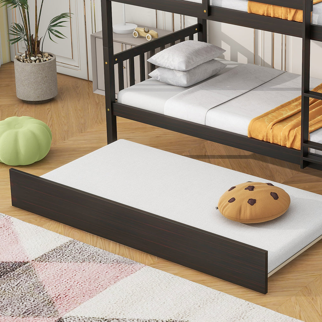 Twin Bunk Bed with Pull-Out Trundle, Convertible Bunk Bed to 2 Single Beds, Solid Wood Bed Frame with Ladder & Guardrail, Espresso