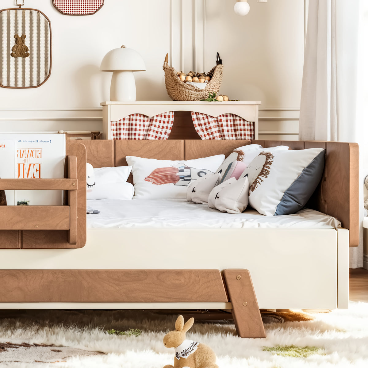 NYBOPAVIS Full Size Floor Bed with Slats and Safety Guardrail, Montessori Floor Bed with Fence and Door, Easy Assemble Montessori Beds, Beige & Brown