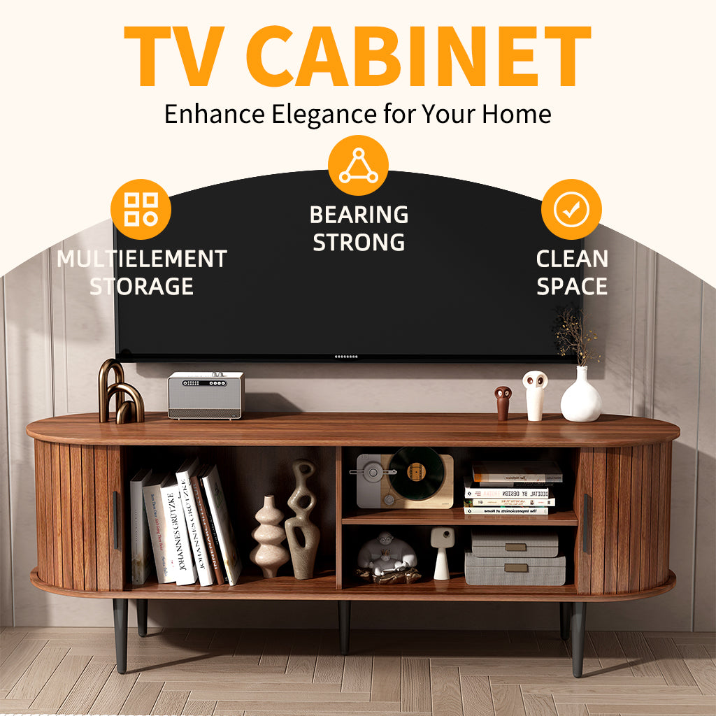 NYBOPAVIS 55" TV Stand for 60" TV, Wood Entertainment Center with Storage and Sliding Tambour Doors, Mid Century Modern TV Stand for Living Room, Walnut