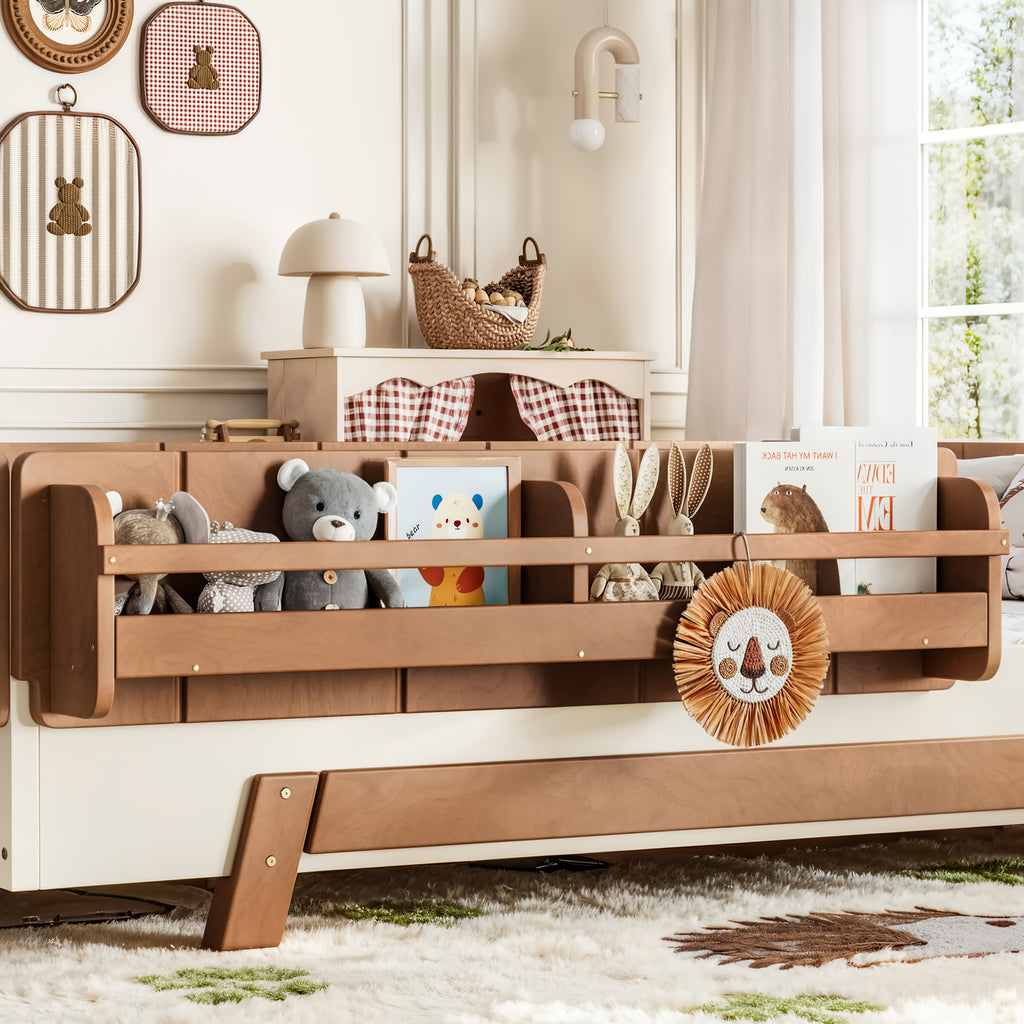 NYBOPAVIS Full Size Floor Bed with Slats and Safety Guardrail, Montessori Floor Bed with Fence and Door, Easy Assemble Montessori Beds, Beige & Brown