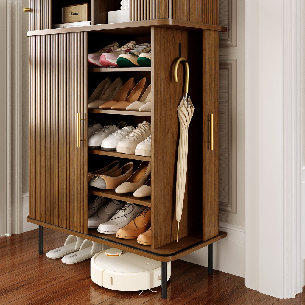NYBOPAVIS 7-Tier Shoe Cabinet with Sliding Door, Storage Organizer with Adjustable Shelves, Freestanding Shoe Rack for Entryway, Walnut