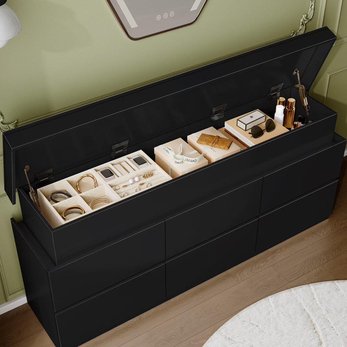 NYBOPAVIS 6 Drawer Dresser for Bedroom, Chest of Drawers with LED Light, TV Stand with Drawers Black