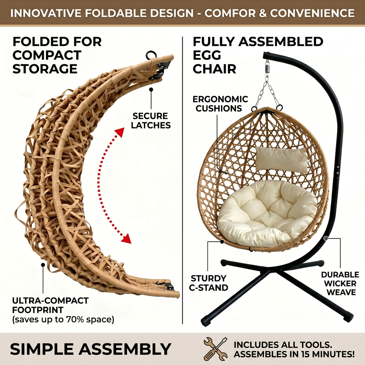 Foldable Indoor/Outdoor Wicker Swing Egg Chair, Hammock Hanging Chair Nest Basket with Stand, UV Resistant Cushions, 350LB Capacity for Bedroom, Balcony, Garden & Poolside, Beige-Yellow