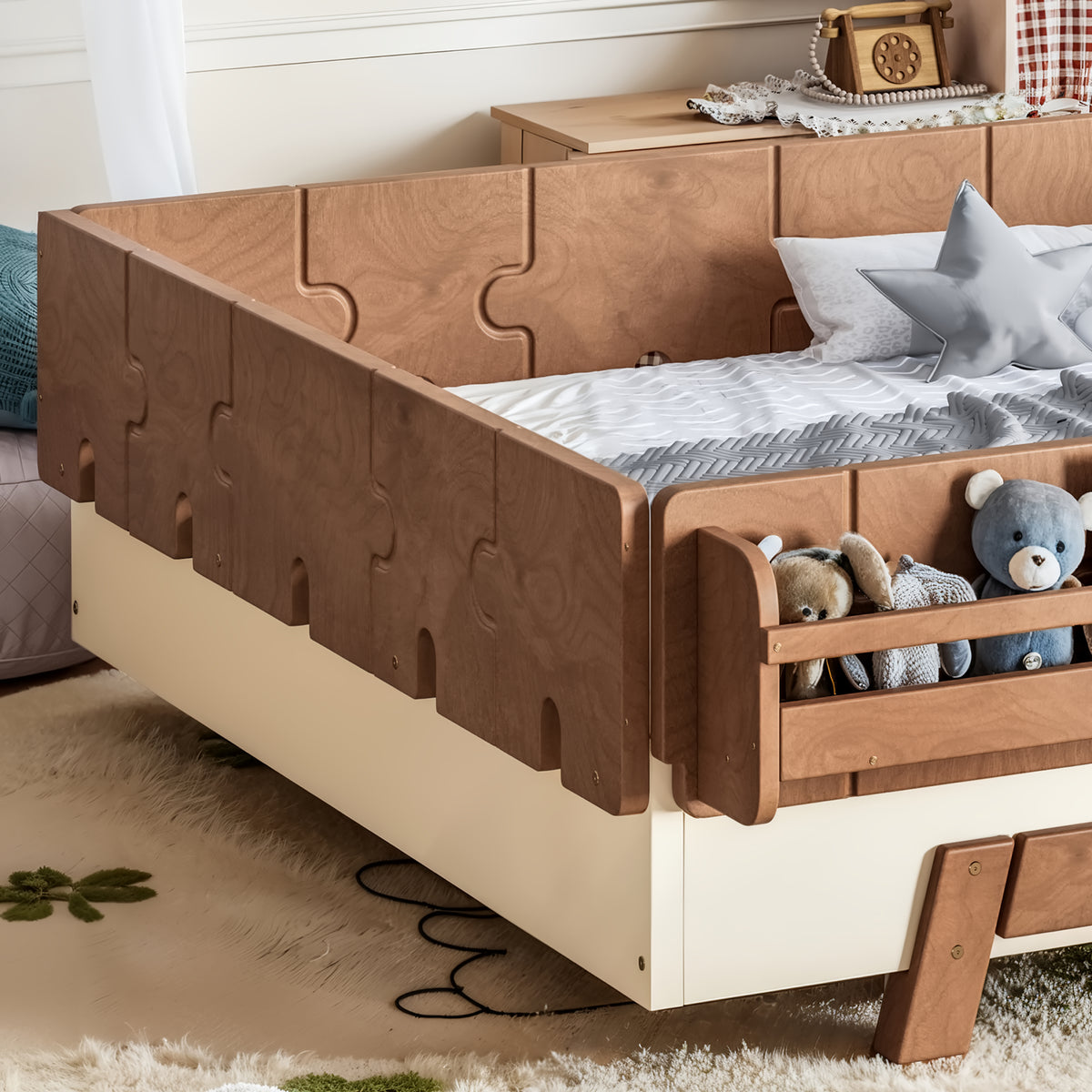 NYBOPAVIS Full Size Floor Bed with Slats and Safety Guardrail, Montessori Floor Bed with Fence and Door, Easy Assemble Montessori Beds, Beige & Brown