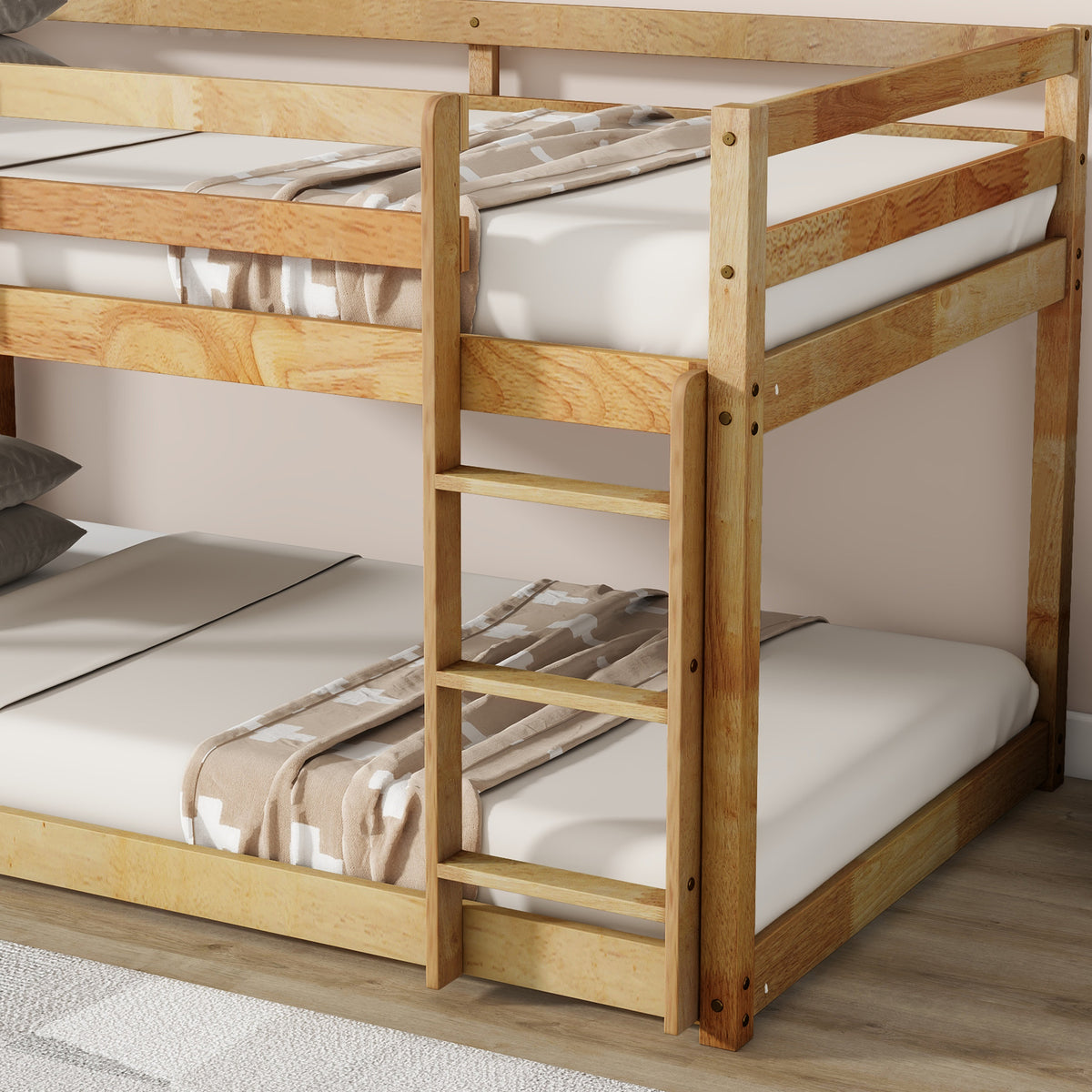 Twin Size Bunk Bed Frame, Wooden Bed Frame with Ladder, Bunk Bed with Guardrail for Bedroom, Natural