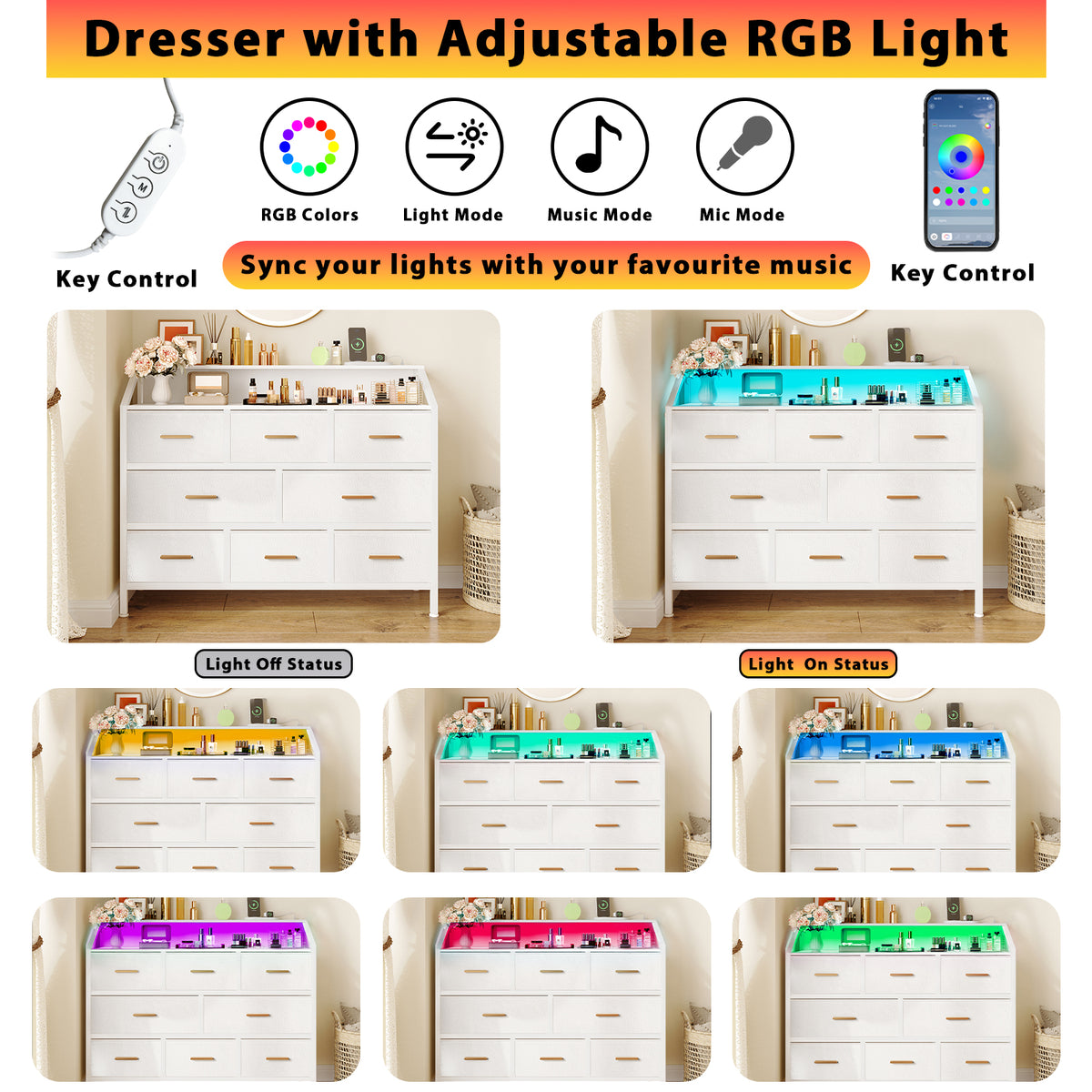8 Drawer Dresser with LED Light & Charging Station,Retro Drawer with Storage Vanity Organizer for Bedroom, Living Room, Hallway White