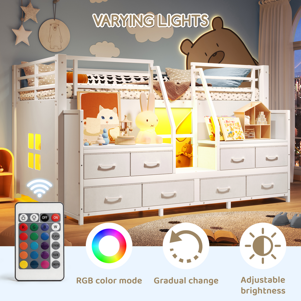 Twin Metal Loft Bed Frame with 8 Drawers & LED Light, Independent Spaces under Bed with Stairs, White