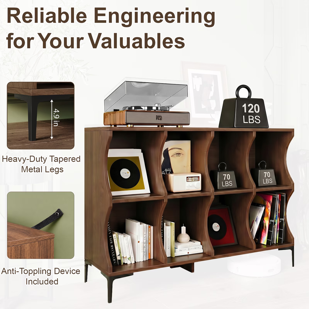 NYBOPAVIS 49.6 Inch Horizontal Bookshelf, 8-Cube Storage Organizer with Base, 2-Tier Wooden Low Bookcase for Living Room, Bedroom, Home Office, Walnut
