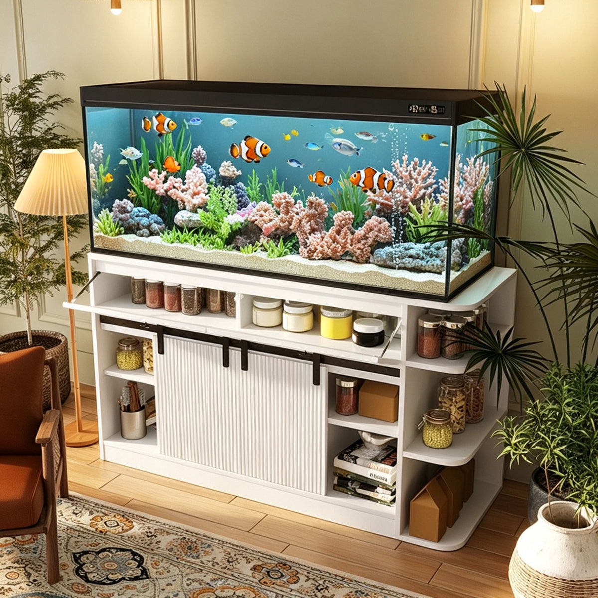 75 Gallon Aquarium Stand with LED Lights & Power Outlets, Fluted Sliding Doors, Storage Cabinets & Shelves for Aquarium Accessories